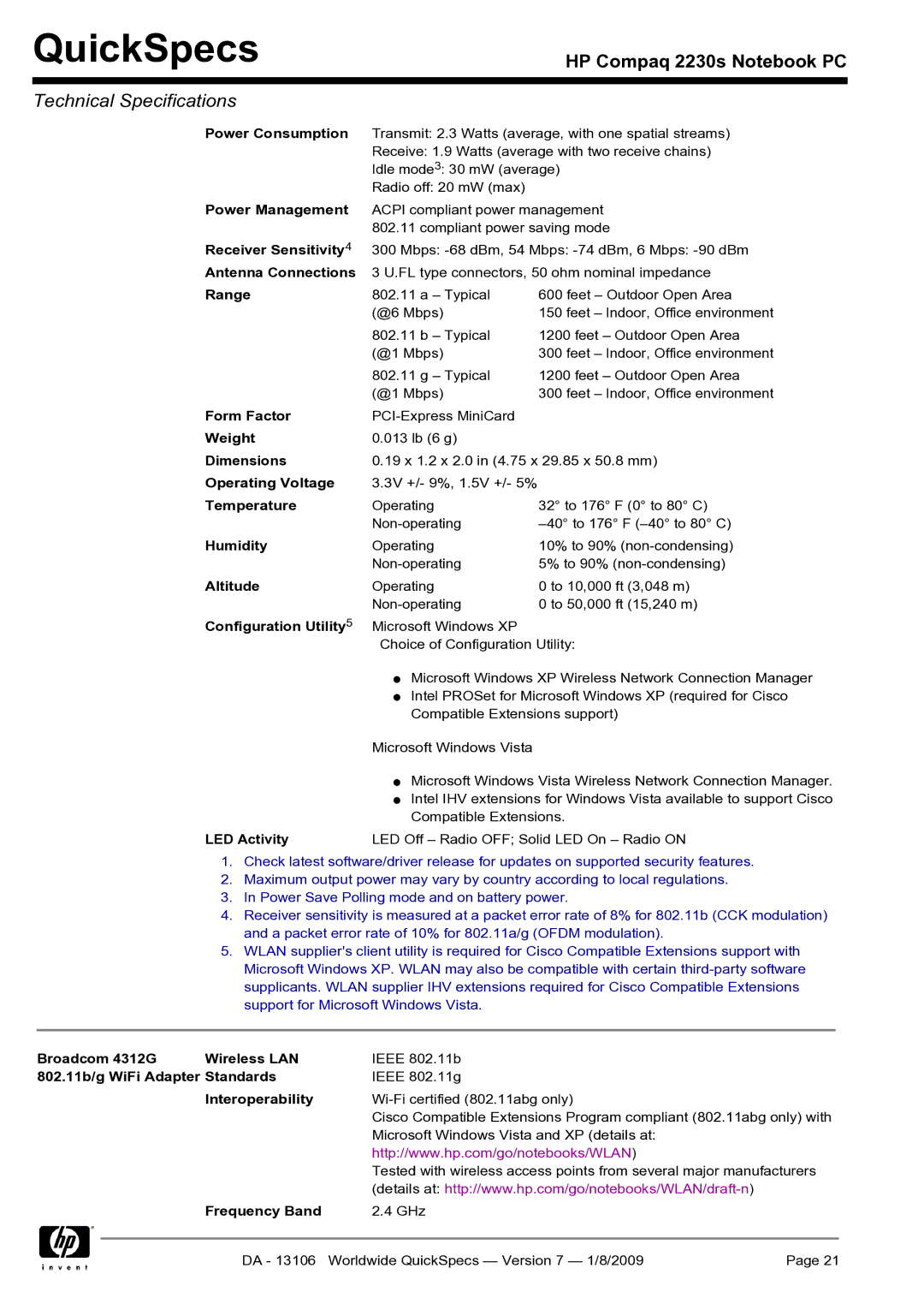 HP 2230s 2230s manual Power Consumption, Receiver Sensitivity, Antenna Connections, Range, Operating Voltage, Humidity 