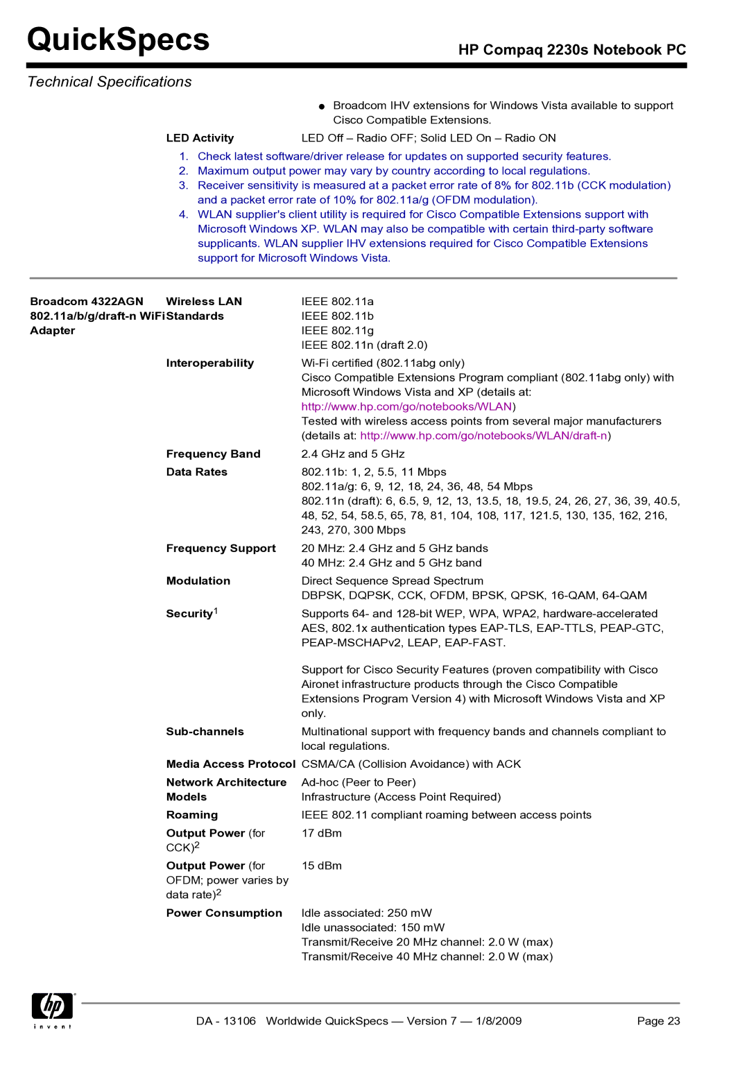 HP 2230s 2230s manual Broadcom 4322AGN Wireless LAN, 802.11a/b/g/draft-n WiFiStandards, Adapter, Frequency Support 