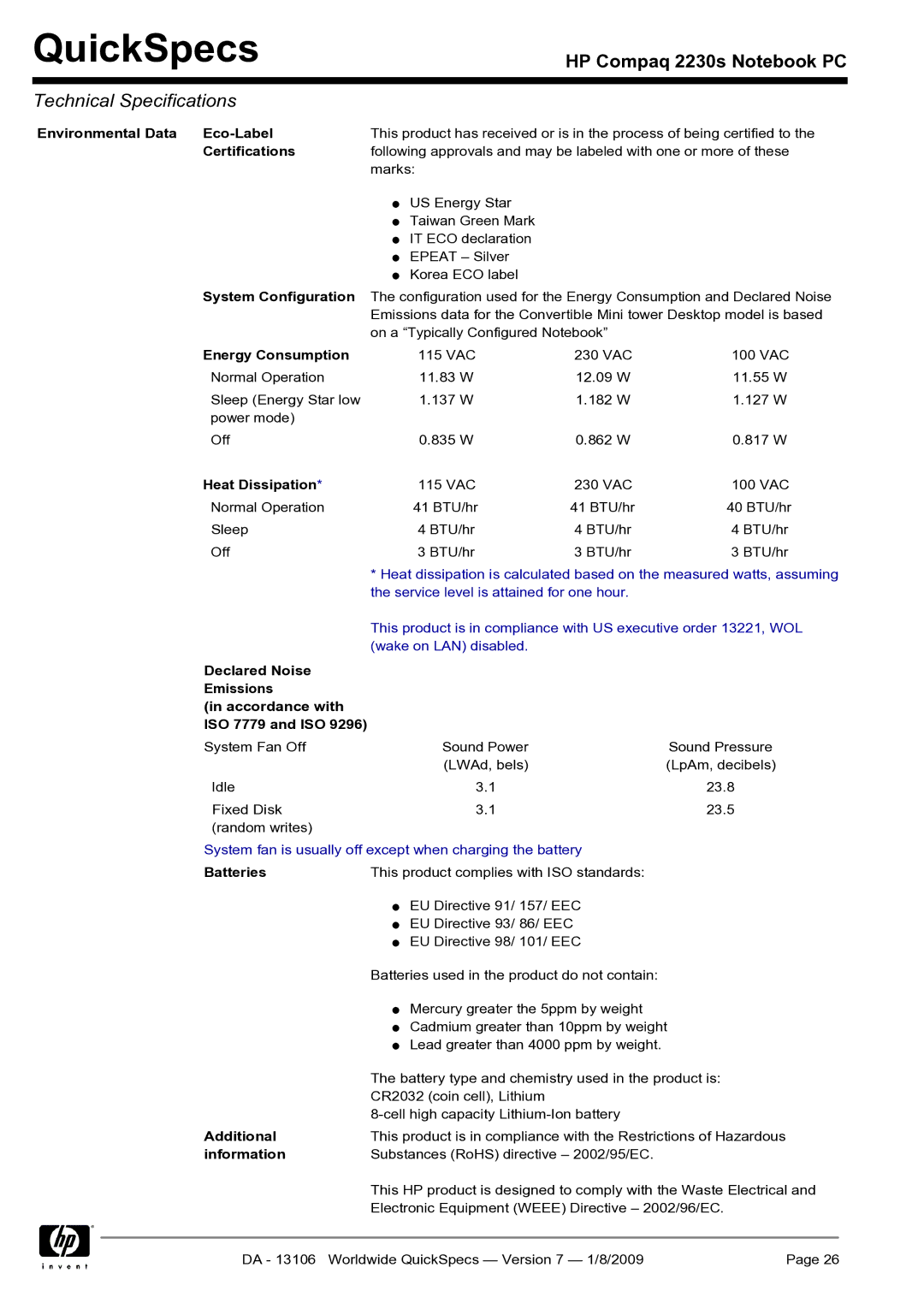 HP 2230s 2230s Environmental Data Eco-Label, Energy Consumption, Heat Dissipation, Batteries, Additional, Information 