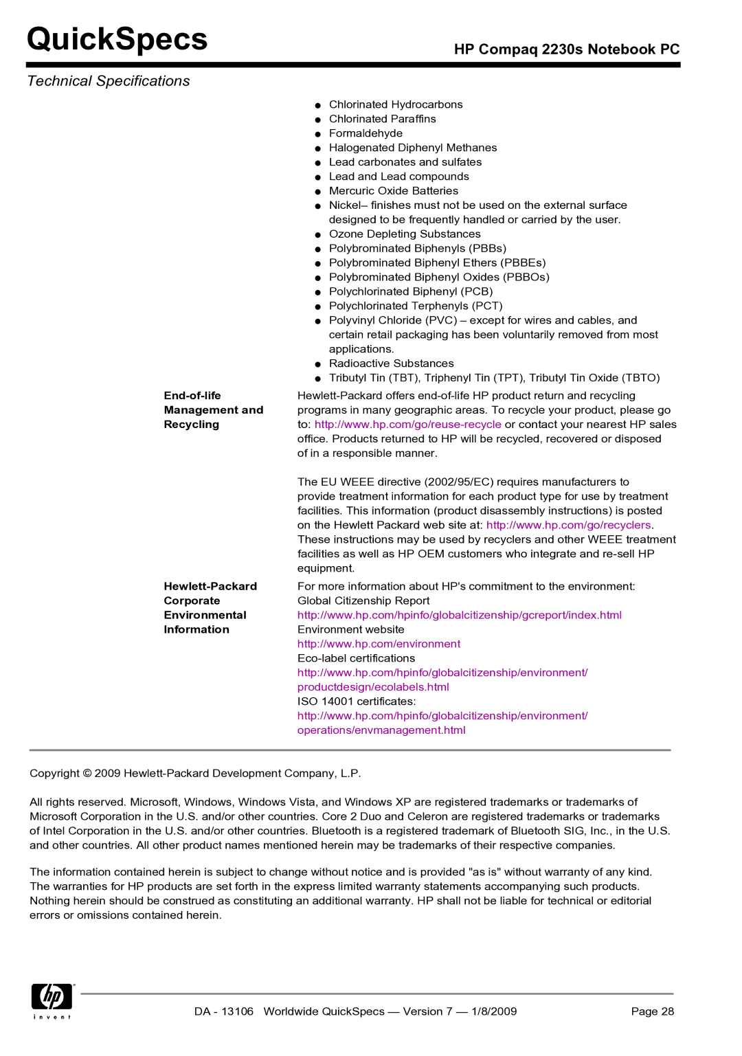 HP 2230s 2230s manual End-of-life, Management, Recycling, Hewlett-Packard, Corporate, Environmental Information 