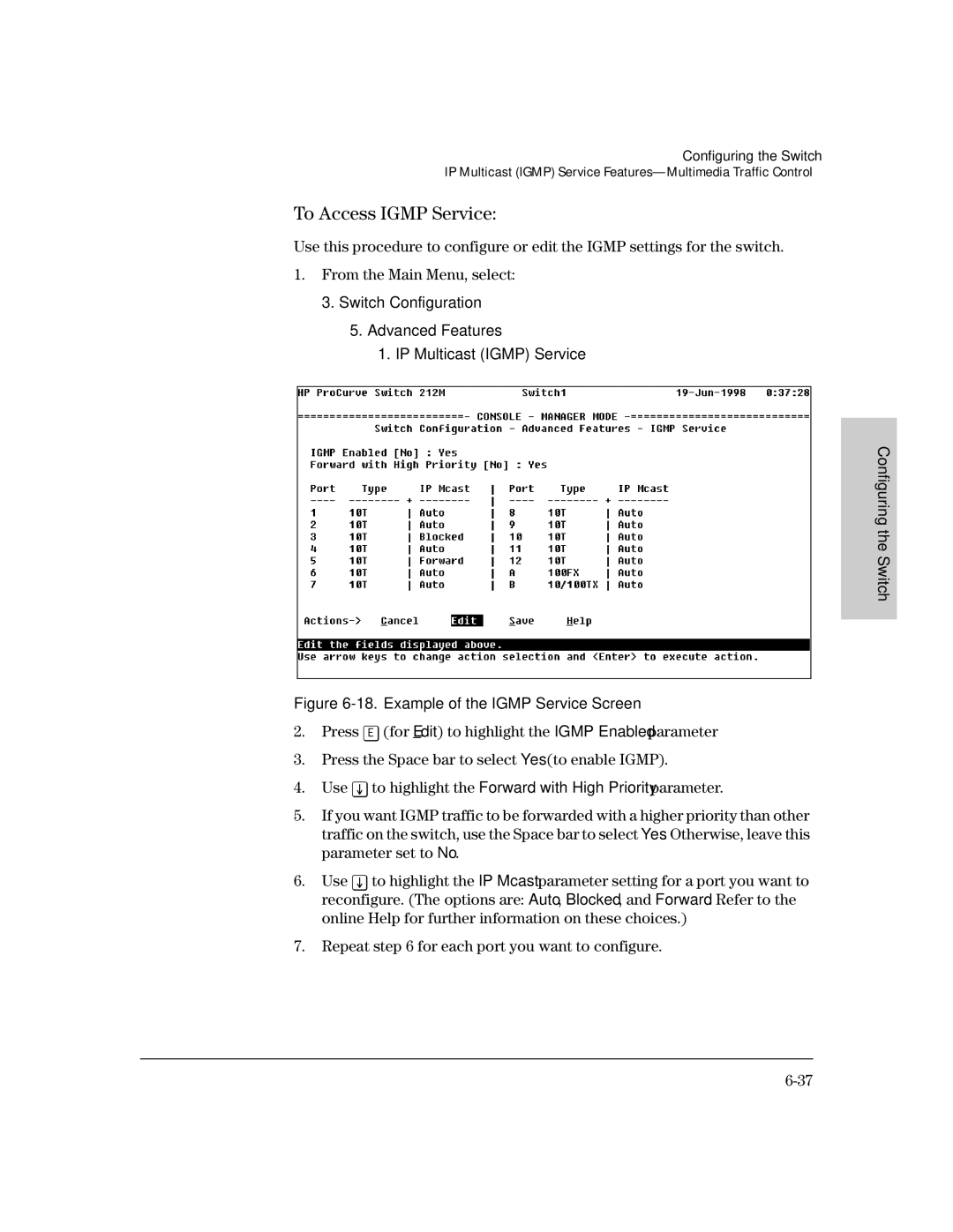 HP 212M, 224M manual To Access Igmp Service, Example of the Igmp Service Screen 