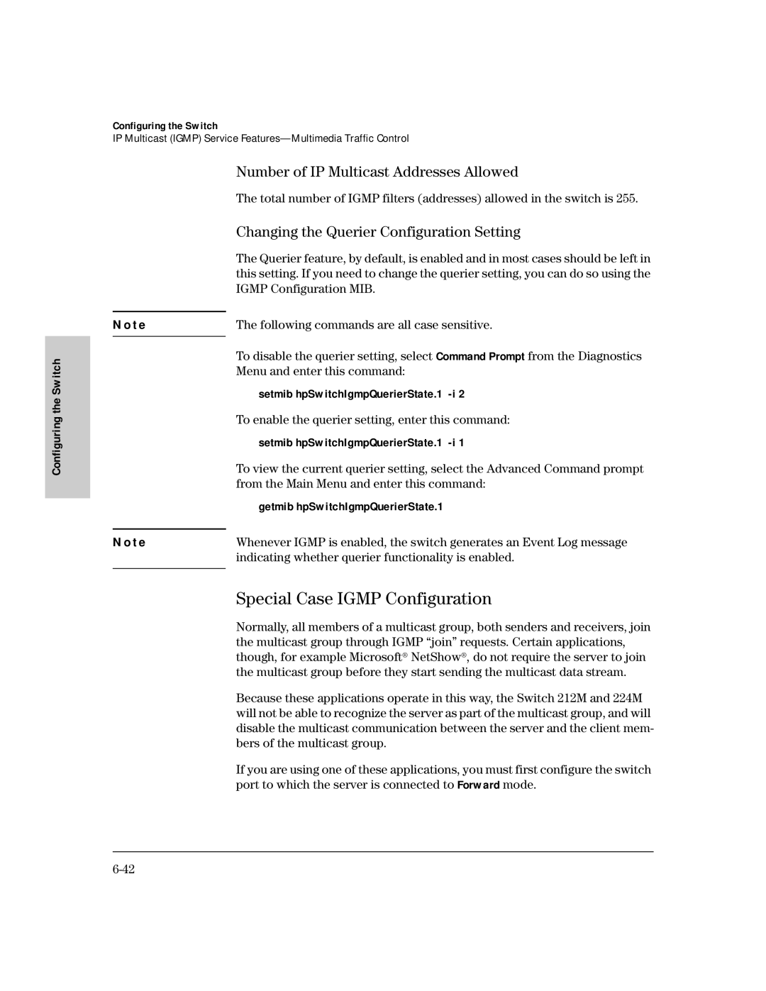 HP 224M Special Case Igmp Configuration, Number of IP Multicast Addresses Allowed, Setmib hpSwitchIgmpQuerierState.1 -i 