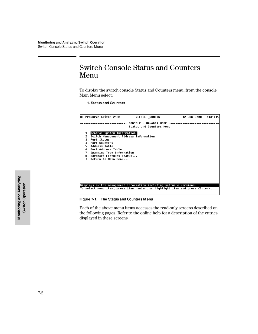 HP 224M, 212M manual Switch Console Status and Counters Menu, Analyzing Operation 