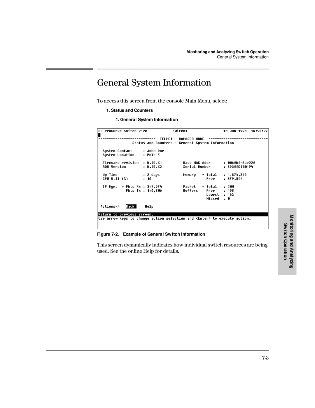 HP 212M, 224M manual General System Information, To access this screen from the console Main Menu, select 