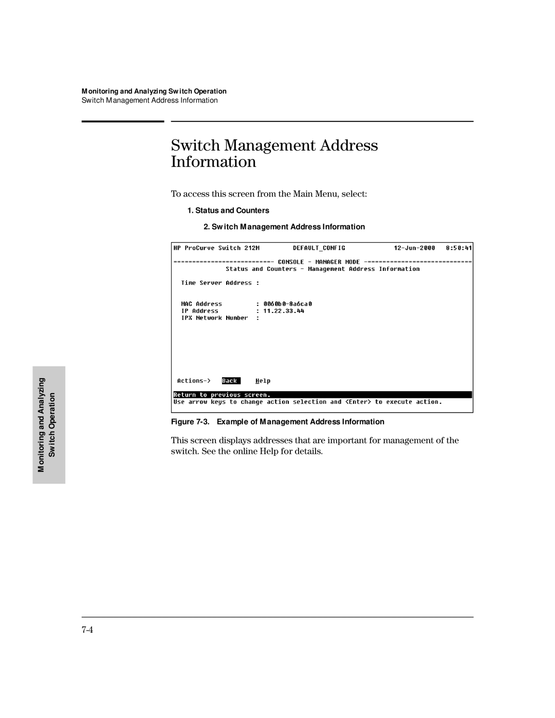 HP 224M, 212M manual Switch Management Address Information, To access this screen from the Main Menu, select 