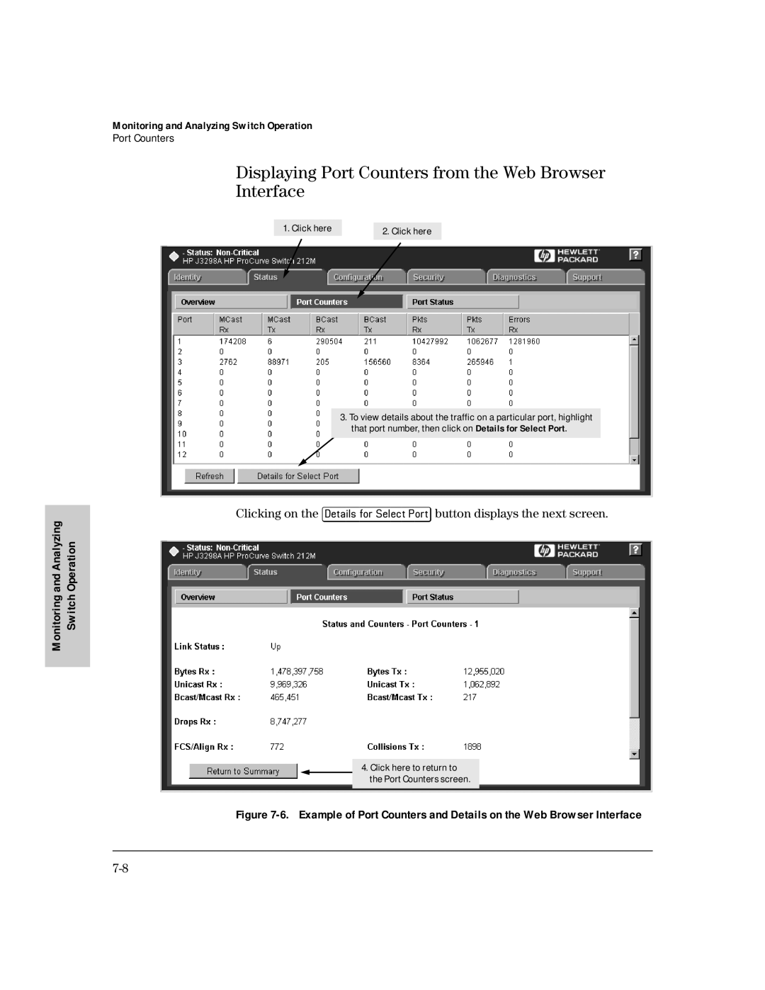 HP 224M, 212M manual Displaying Port Counters from the Web Browser Interface, Analyzing 