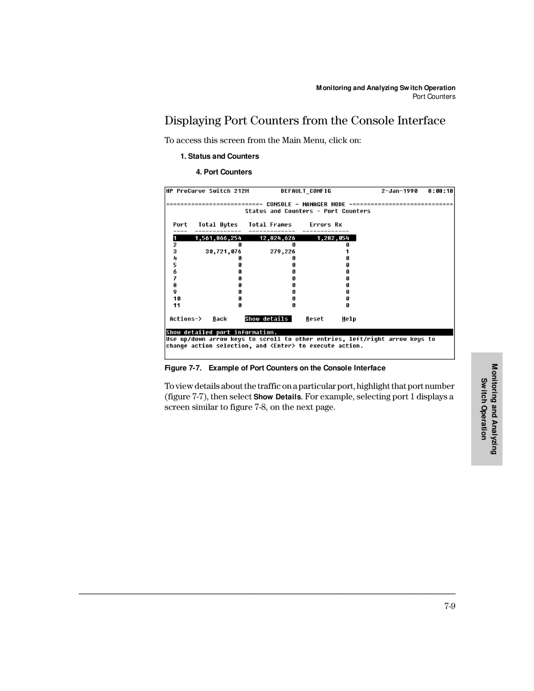 HP 212M, 224M manual Displaying Port Counters from the Console Interface, Status and Counters Port Counters 