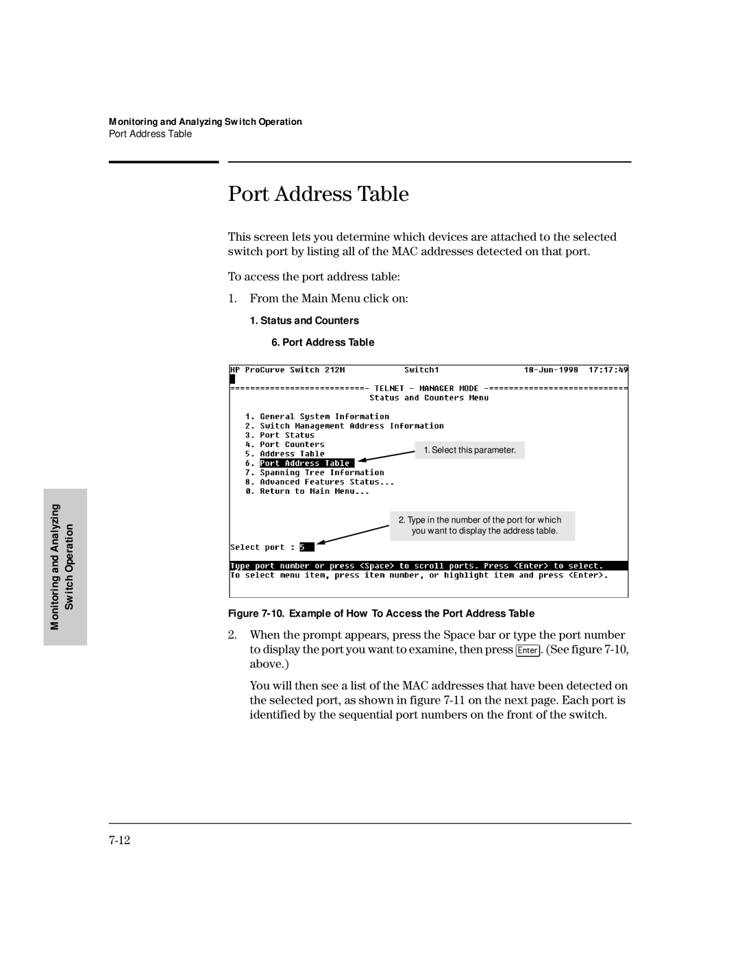 HP 224M, 212M manual Status and Counters Port Address Table Analyzing Operation 