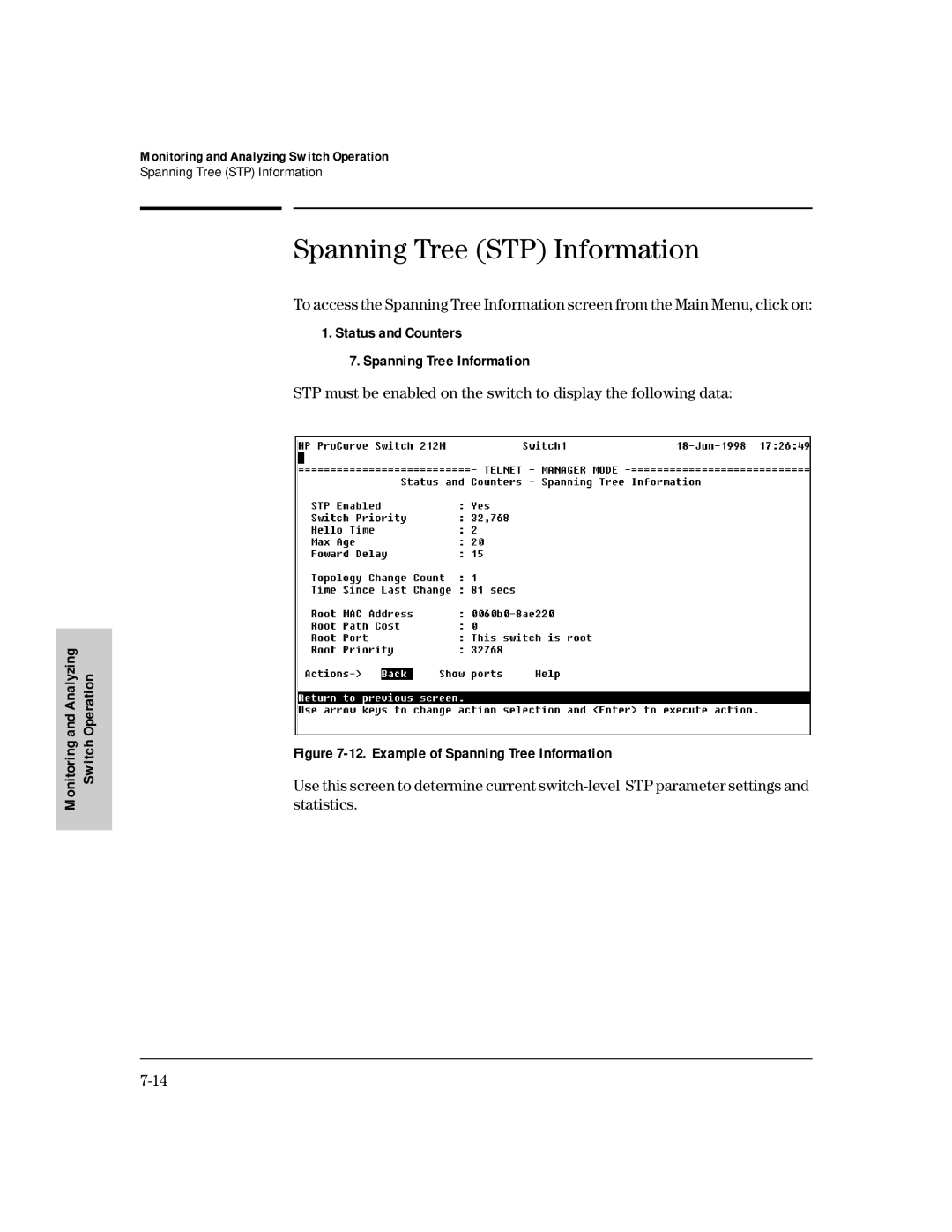 HP 224M, 212M manual Spanning Tree STP Information, Status and Counters Spanning Tree Information 