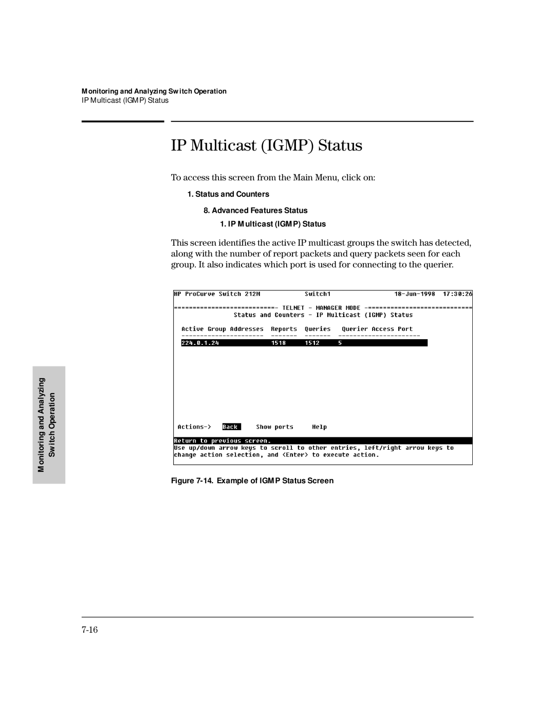 HP 224M, 212M manual IP Multicast Igmp Status, Example of Igmp Status Screen 