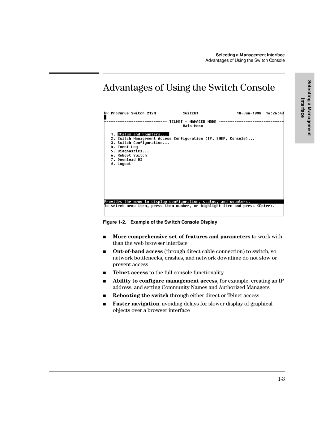 HP 212M, 224M manual Advantages of Using the Switch Console, Example of the Switch Console Display 