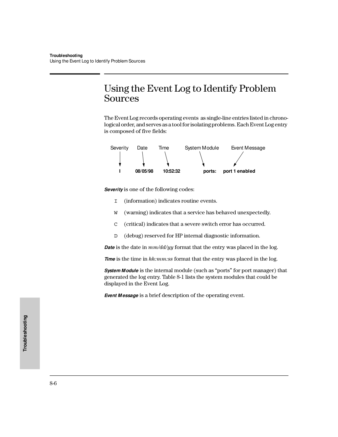 HP 224M Using the Event Log to Identify Problem Sources, Date Time System Module, 08/05/98 105232 Ports Port 1 enabled 