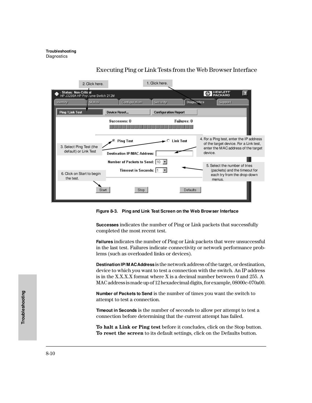 HP 224M, 212M manual Executing Ping or Link Tests from the Web Browser Interface 