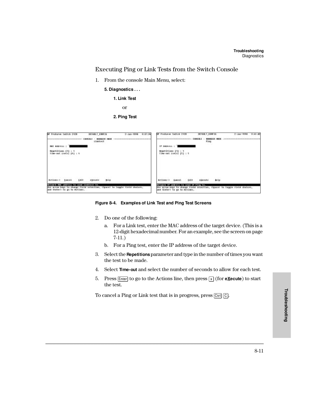 HP 212M, 224M manual Executing Ping or Link Tests from the Switch Console, Diagnostics Link Test Ping Test 