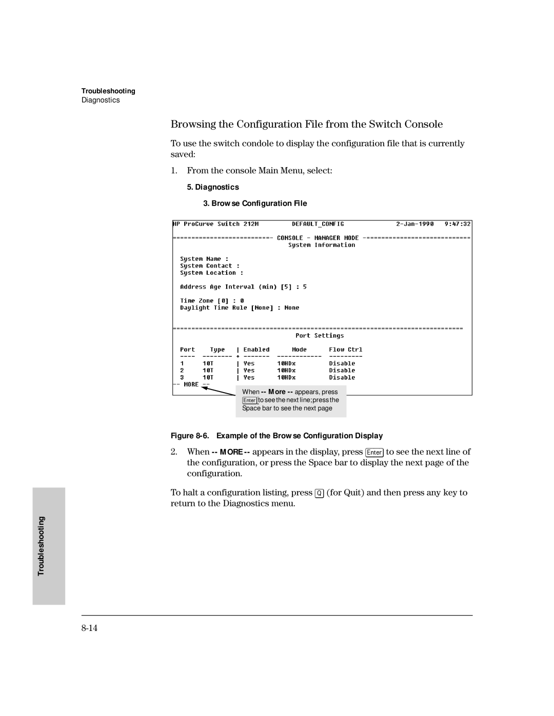 HP 224M, 212M manual Browsing the Configuration File from the Switch Console, Diagnostics Browse Configuration File 