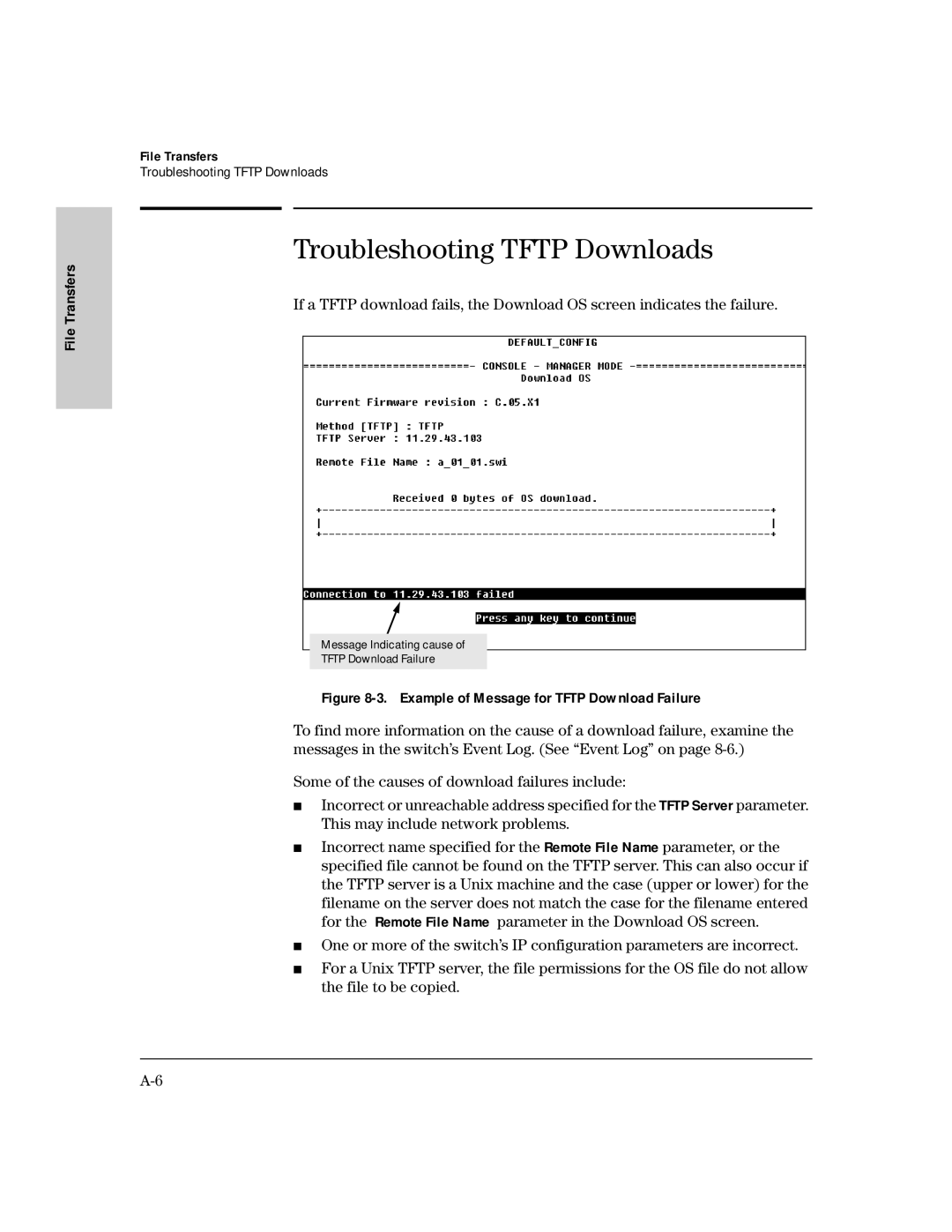 HP 224M, 212M manual Troubleshooting Tftp Downloads, Example of Message for Tftp Download Failure 