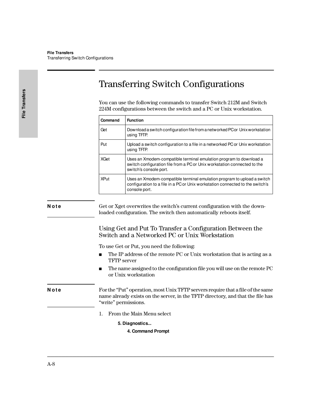 HP 224M, 212M manual Transferring Switch Configurations, Diagnostics, Command Prompt 