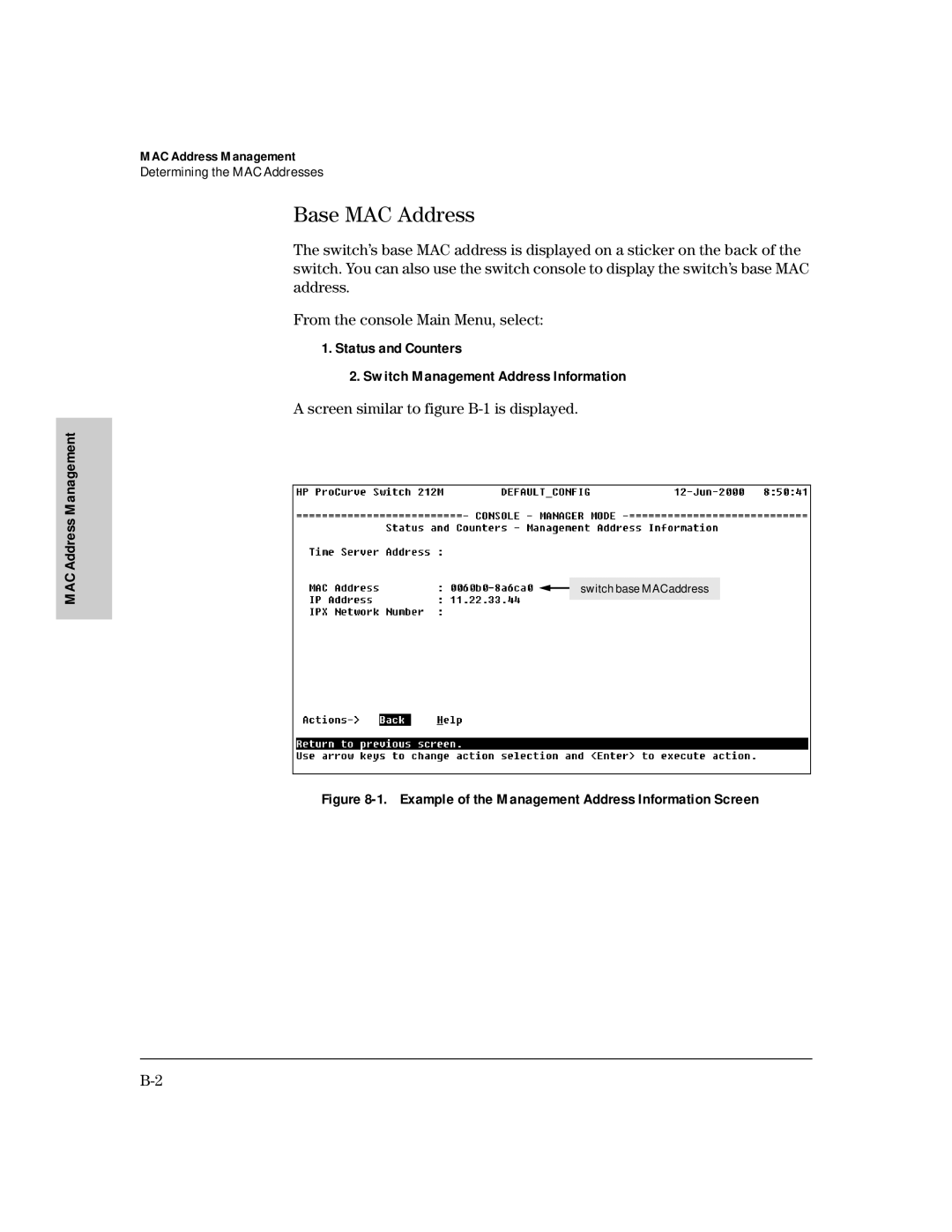 HP 224M, 212M manual Base MAC Address, Screen similar to figure B-1 is displayed, MAC Address Management 