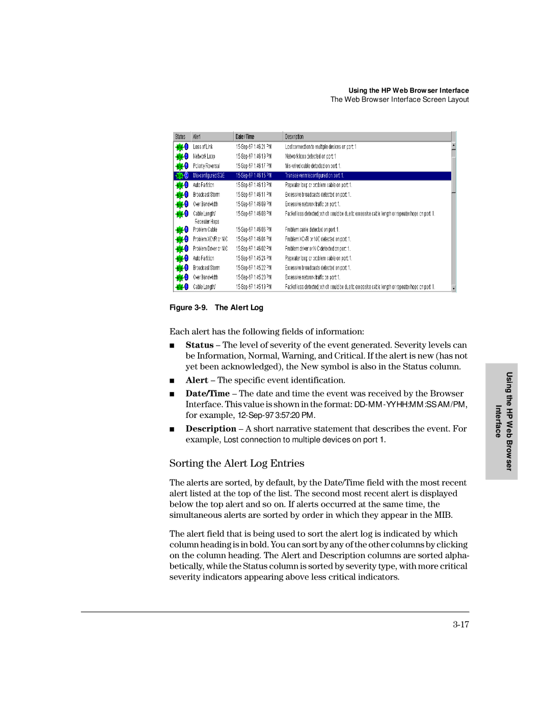 HP 212M, 224M manual Sorting the Alert Log Entries, Each alert has the following fields of information 