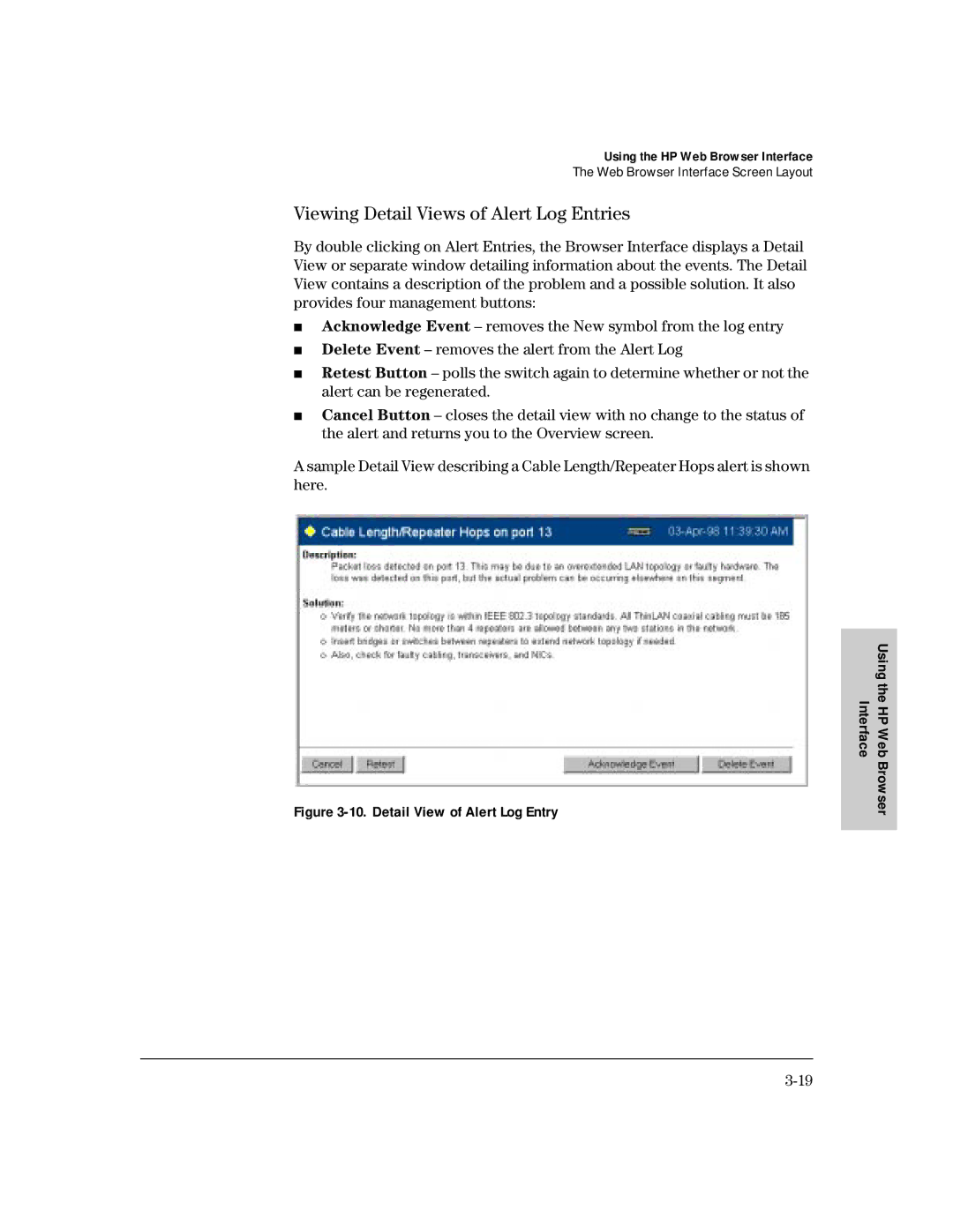 HP 212M, 224M manual Viewing Detail Views of Alert Log Entries, Detail View of Alert Log Entry 