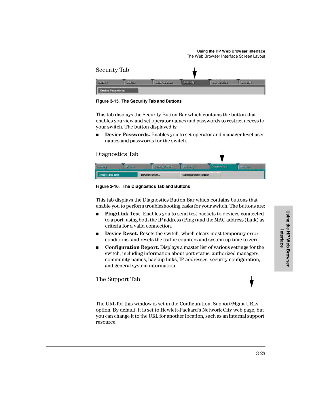 HP 212M, 224M manual Security Tab, Diagnostics Tab, Support Tab 