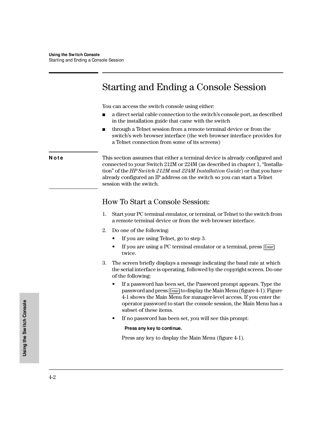 HP 224M, 212M manual Starting and Ending a Console Session, How To Start a Console Session, Session with the switch 