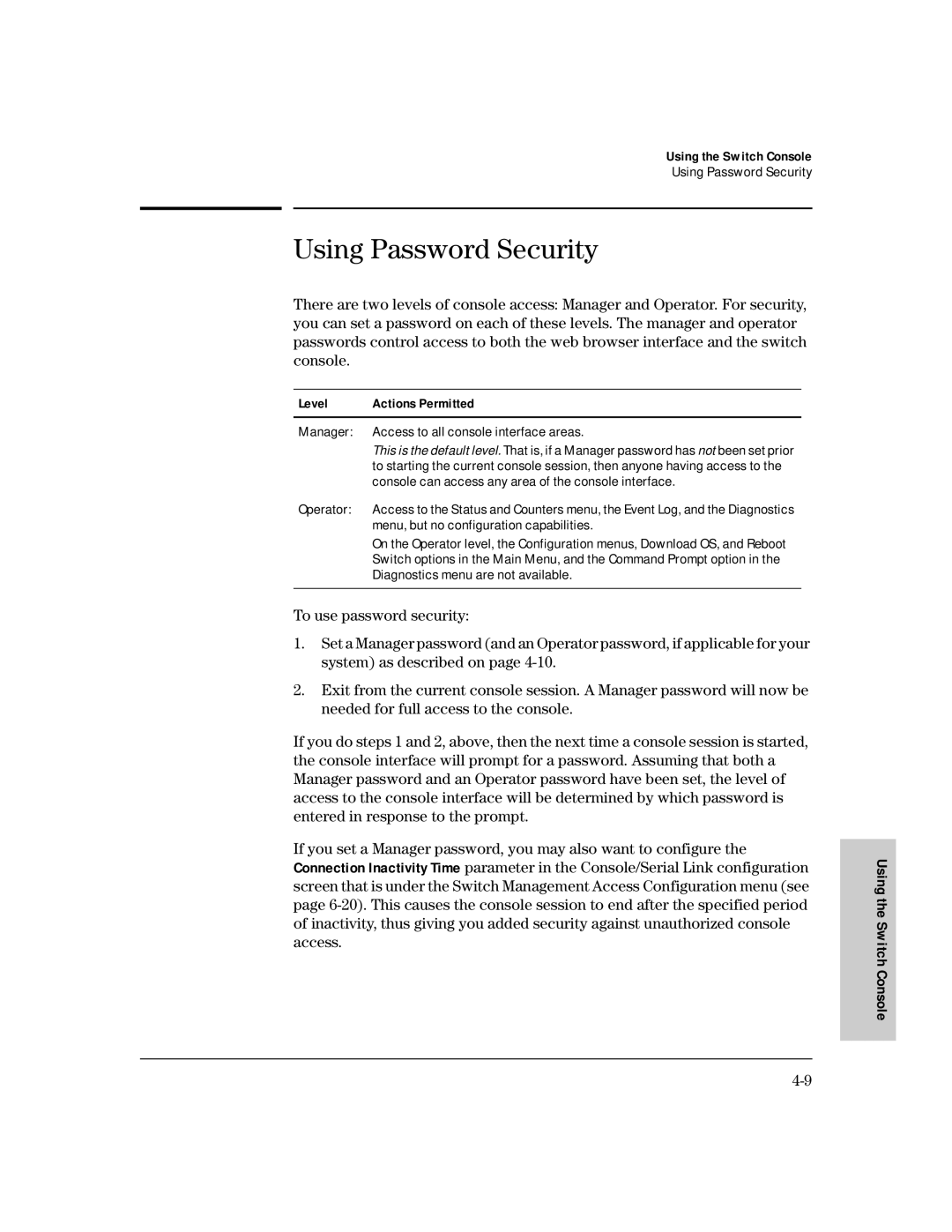 HP 212M, 224M manual Using Password Security, Level Actions Permitted 