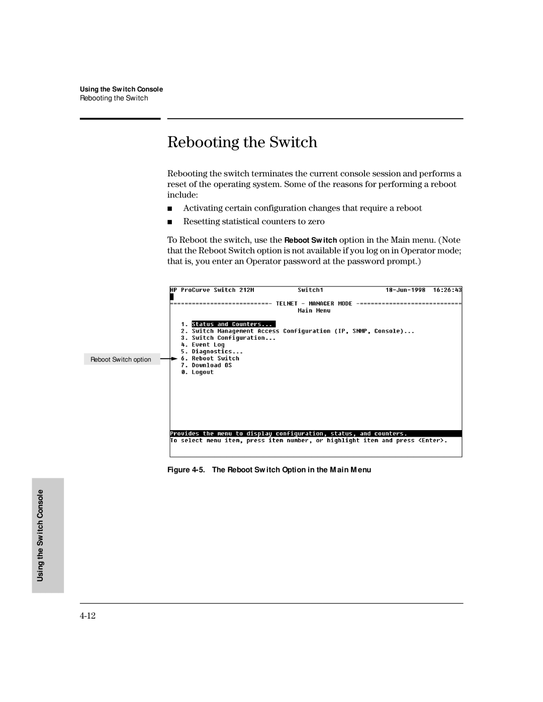 HP 224M, 212M manual Rebooting the Switch 