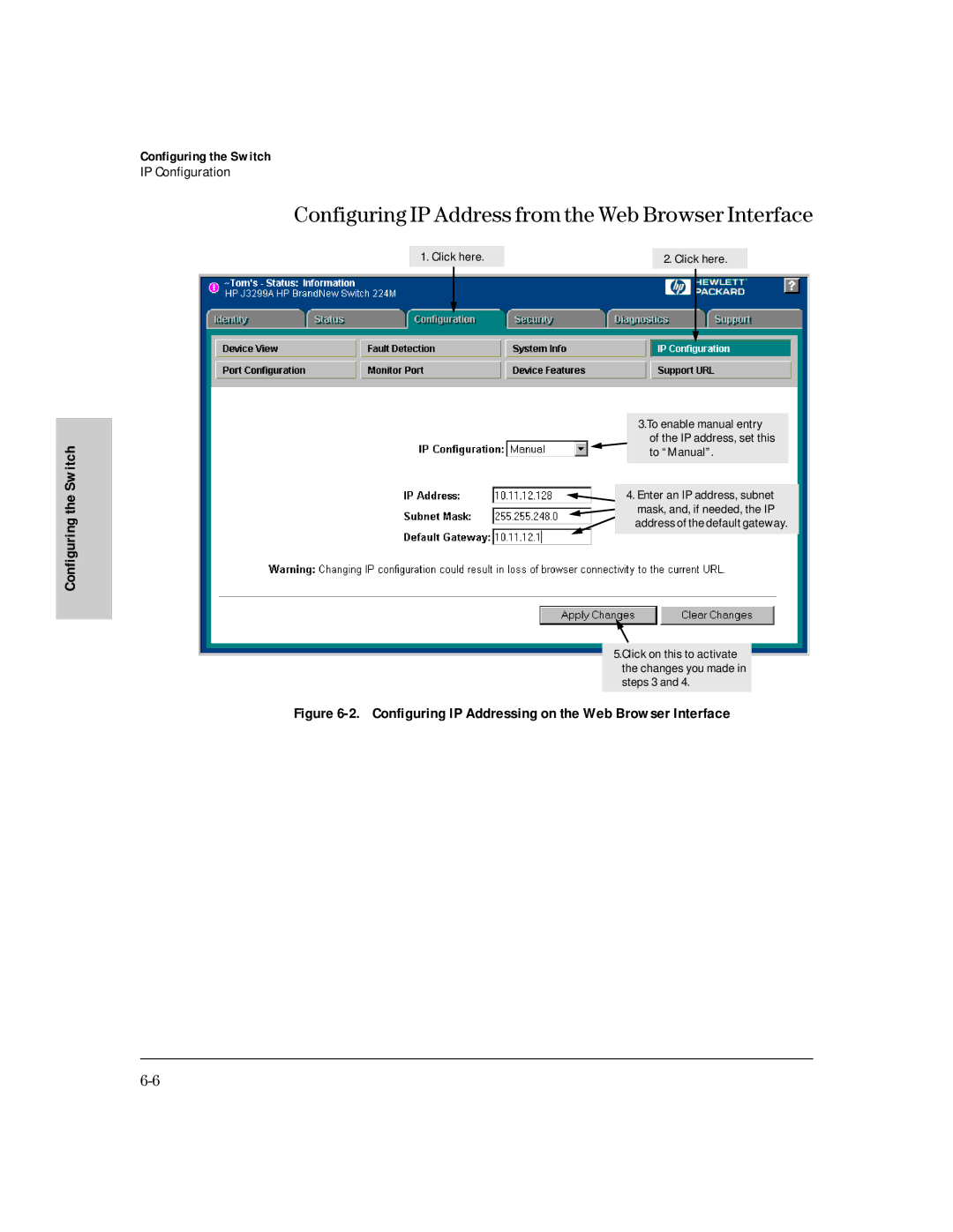 HP 224M Configuring IP Address from the Web Browser Interface, Configuring IP Addressing on the Web Browser Interface 