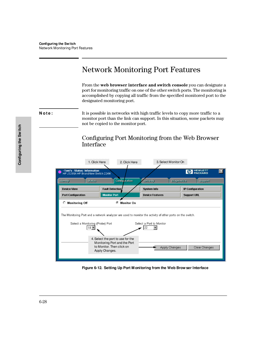 HP 224M, 212M manual Network Monitoring Port Features, Configuring Port Monitoring from the Web Browser Interface 