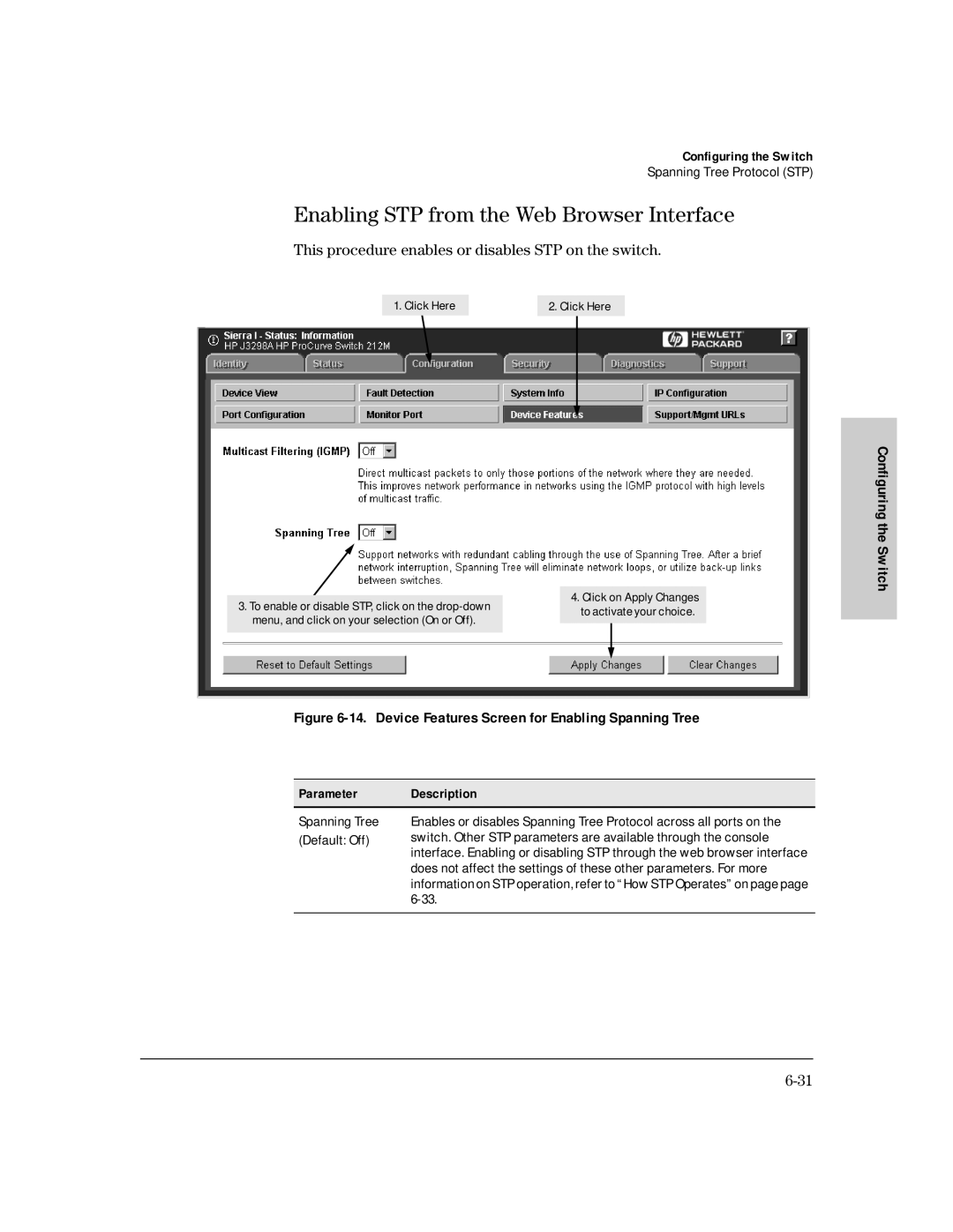 HP 212M, 224M manual Enabling STP from the Web Browser Interface, This procedure enables or disables STP on the switch 