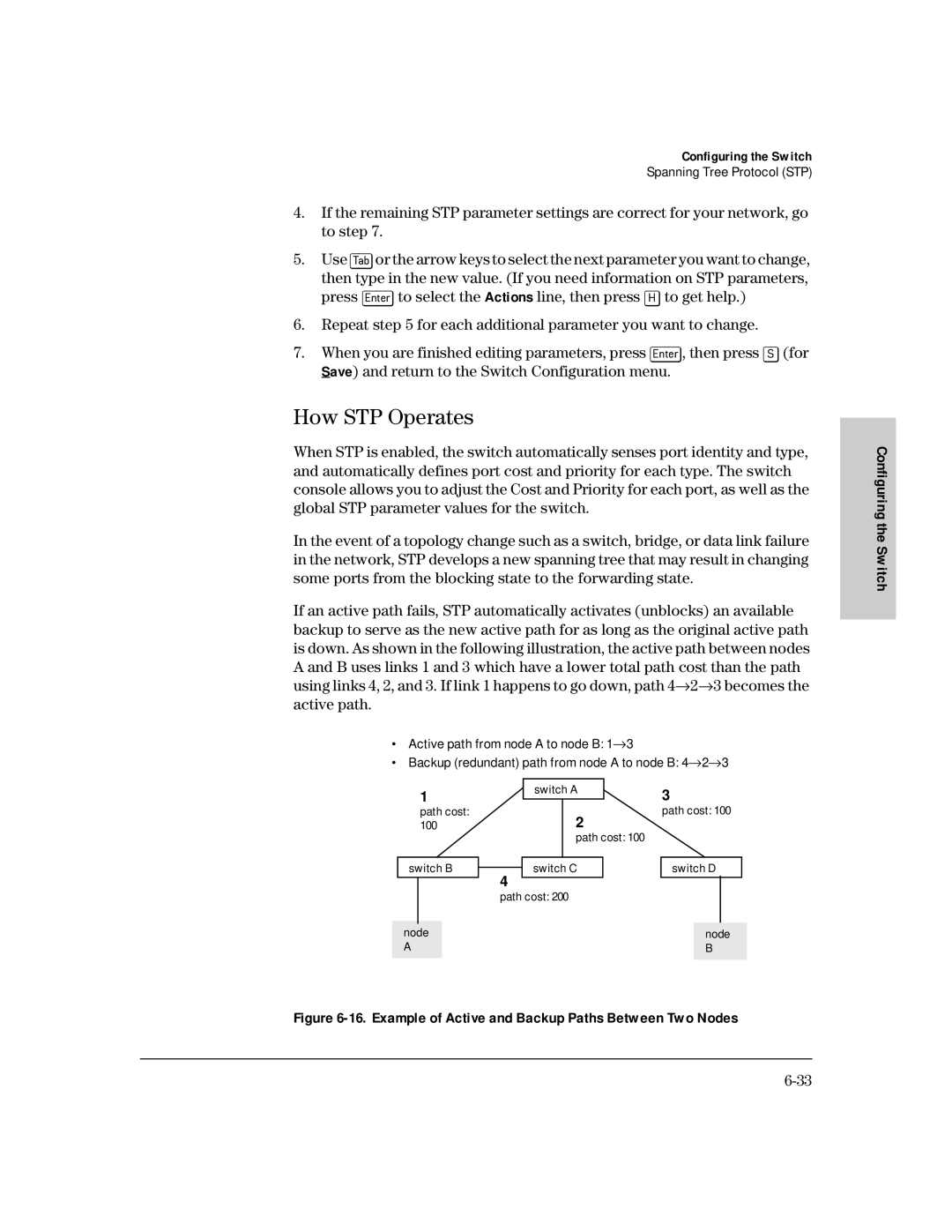 HP 212M, 224M manual How STP Operates, Example of Active and Backup Paths Between Two Nodes 