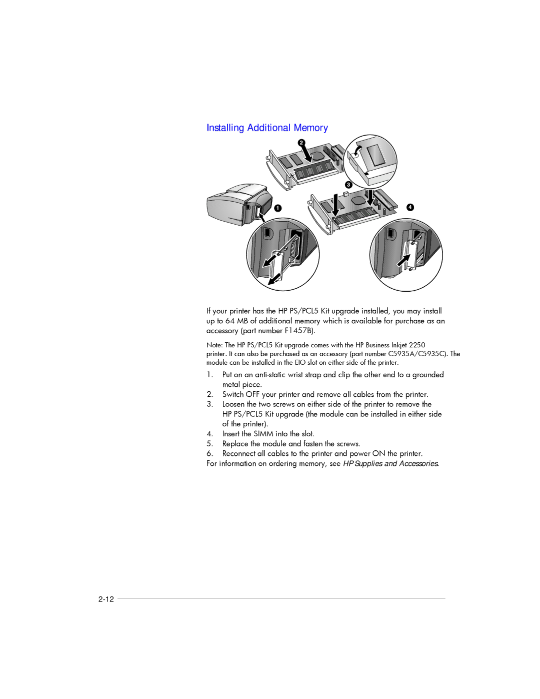 HP 2250, 2200 manual Installing Additional Memory 