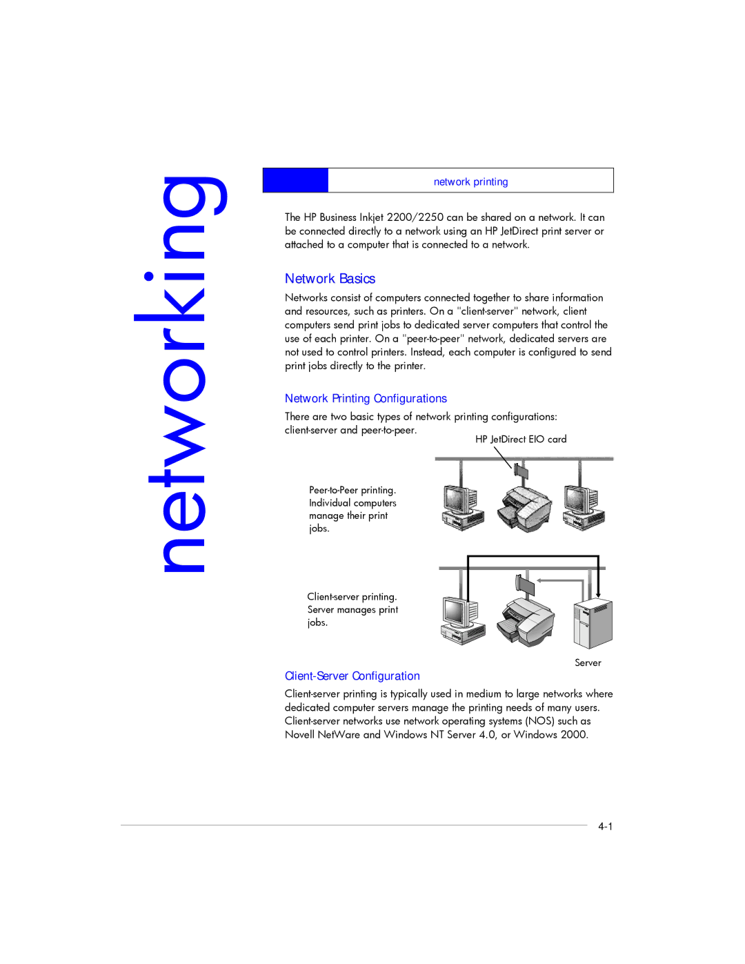 HP 2200, 2250 manual Networking, Network Basics, Network Printing Configurations, Client-Server Configuration 