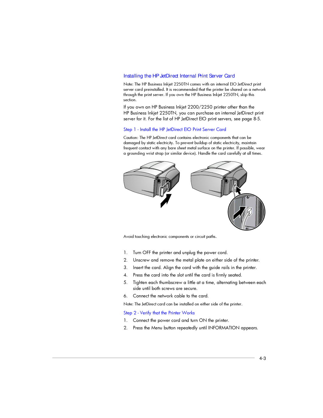 HP 2200, 2250 manual Installing the HP JetDirect Internal Print Server Card, Install the HP JetDirect EIO Print Server Card 