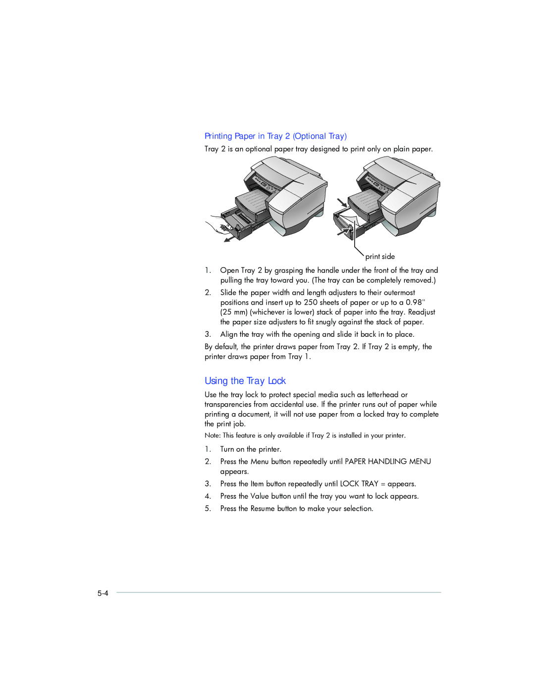 HP 2250, 2200 manual Using the Tray Lock, Printing Paper in Tray 2 Optional Tray 