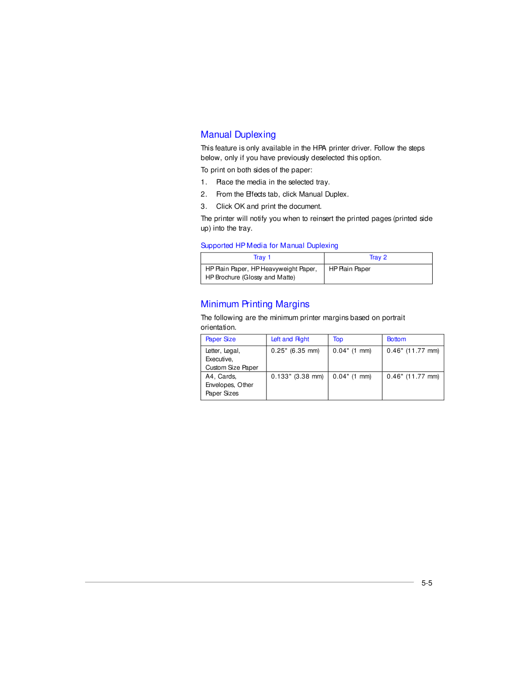 HP 2200, 2250 manual Minimum Printing Margins, Supported HP Media for Manual Duplexing 