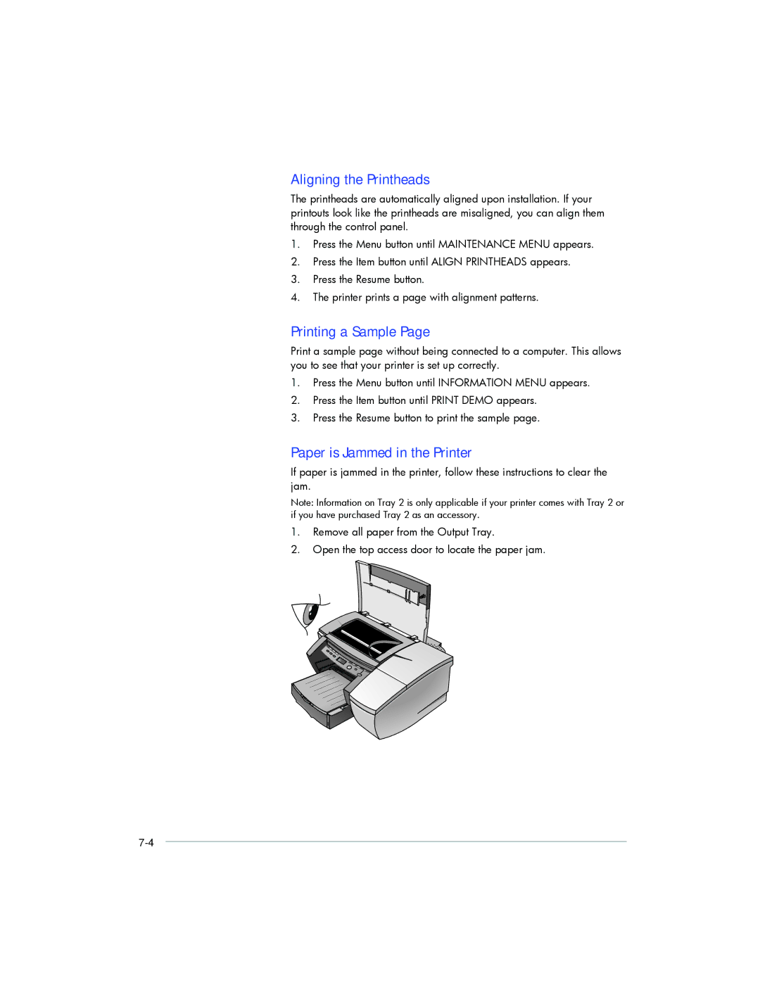 HP 2250, 2200 manual Aligning the Printheads, Printing a Sample, Paper is Jammed in the Printer 