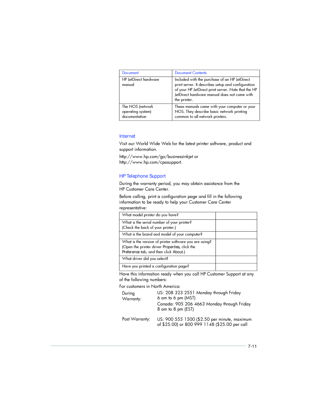 HP 2200, 2250 manual Internet, HP Telephone Support 