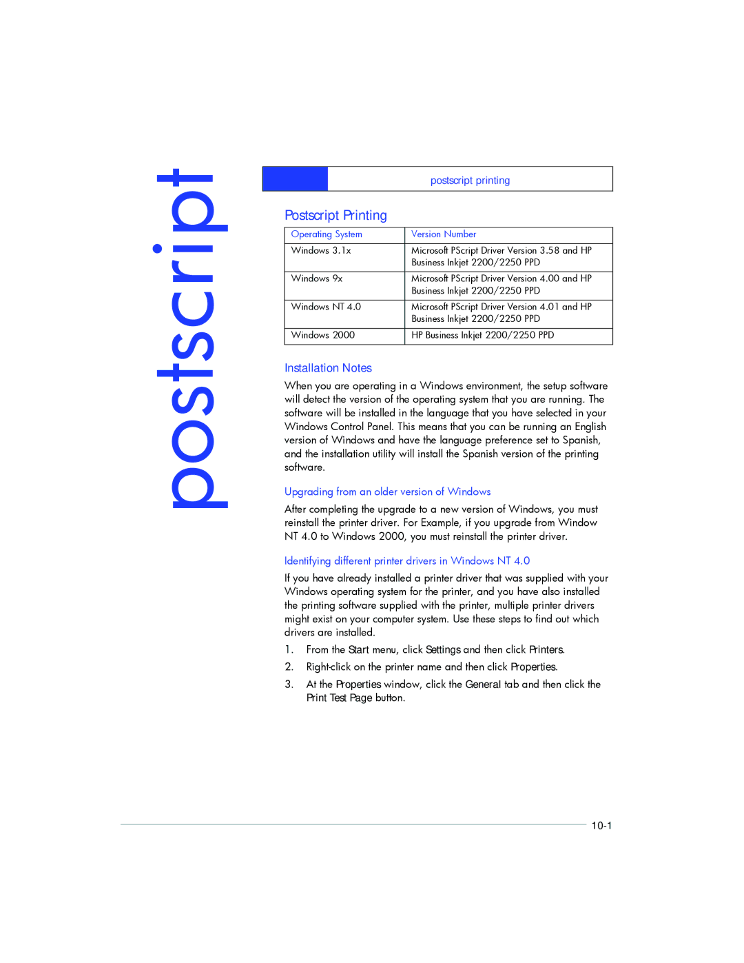 HP 2200, 2250 manual Postscript Printing, Installation Notes 