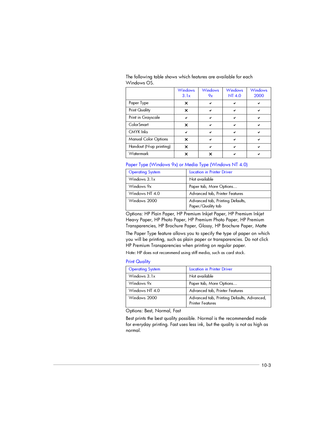 HP 2200, 2250 manual Paper Type Windows 9x or Media Type Windows NT, Print Quality 