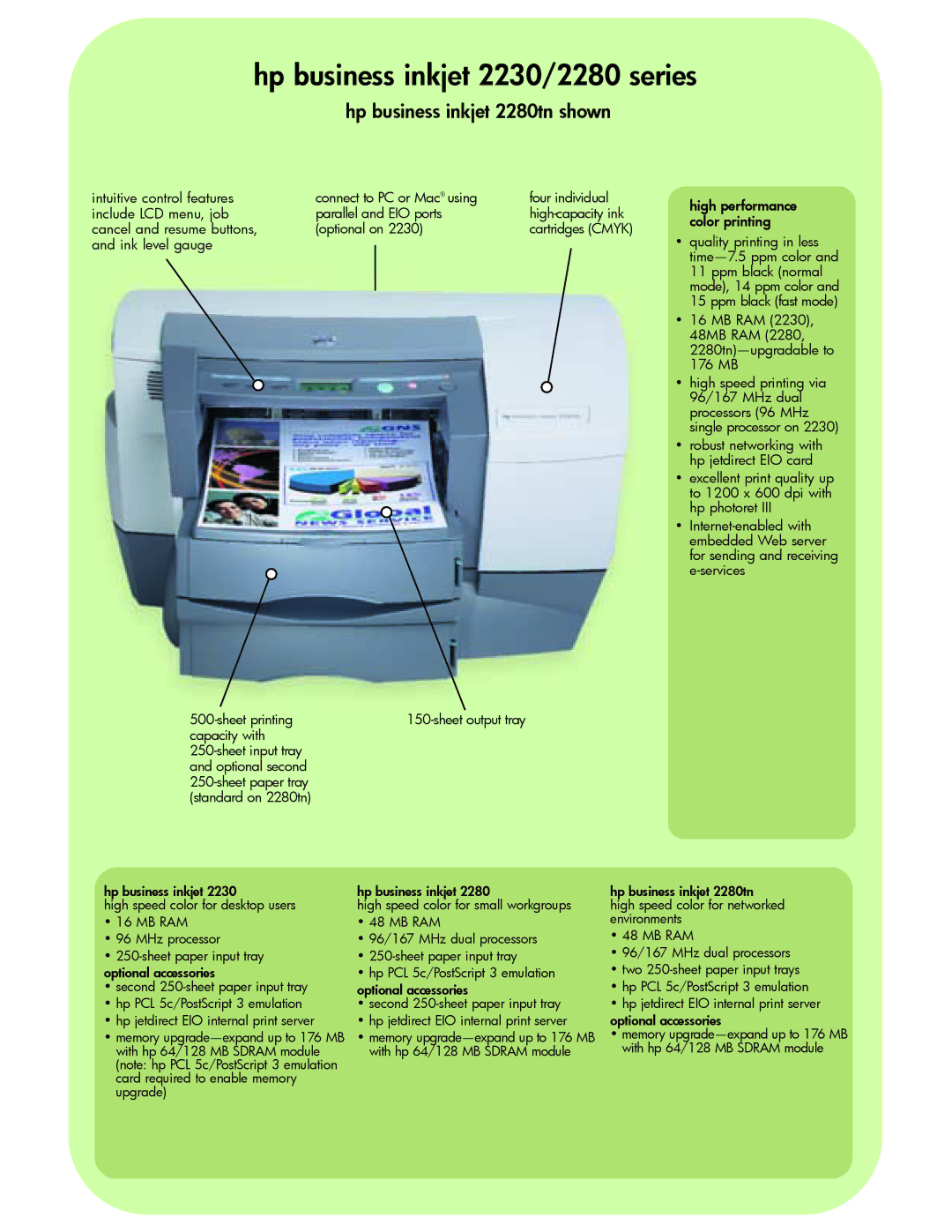 HP 2230 manual Hp business inkjet 2280tn shown, Optional on, Sheet output tray High performance color printing 