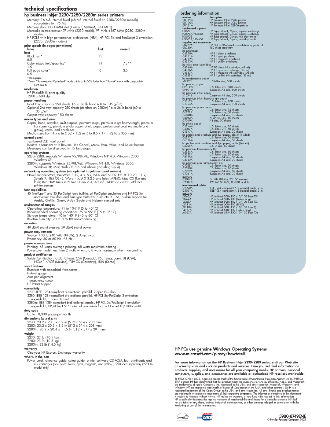 HP 2280, 2230 manual Technical specifications 