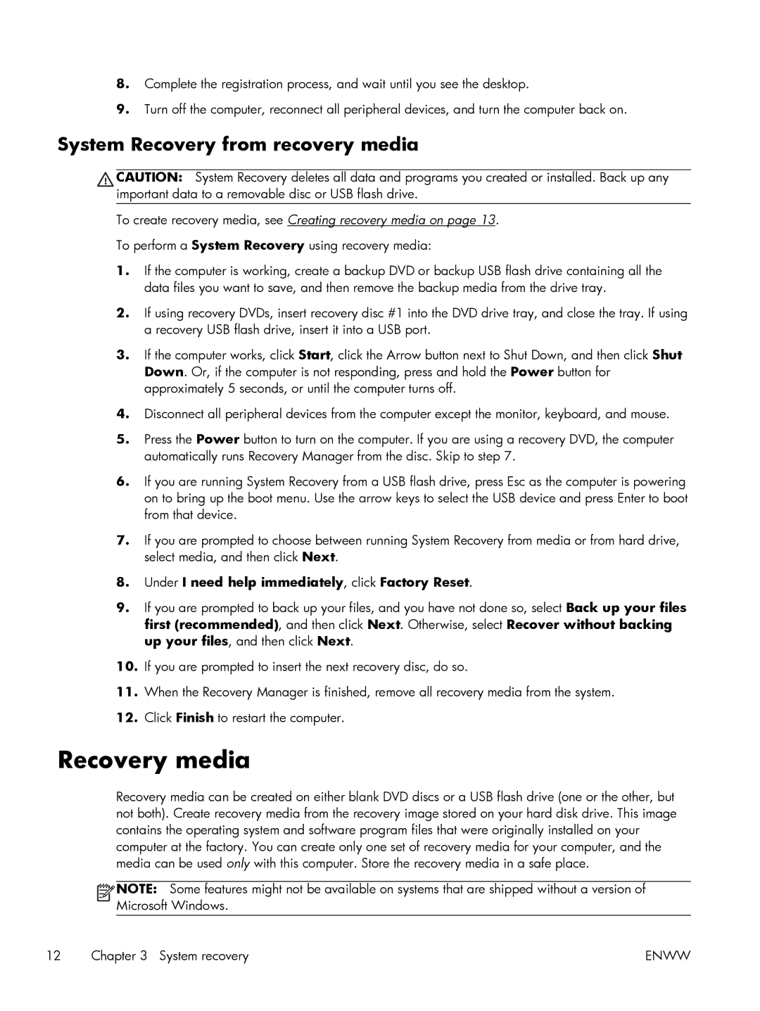 HP p2-1411, 23-c210xt, 23-c159, 23-c130, 23-c115xt, 23-c059, 23-c050 manual Recovery media, System Recovery from recovery media 