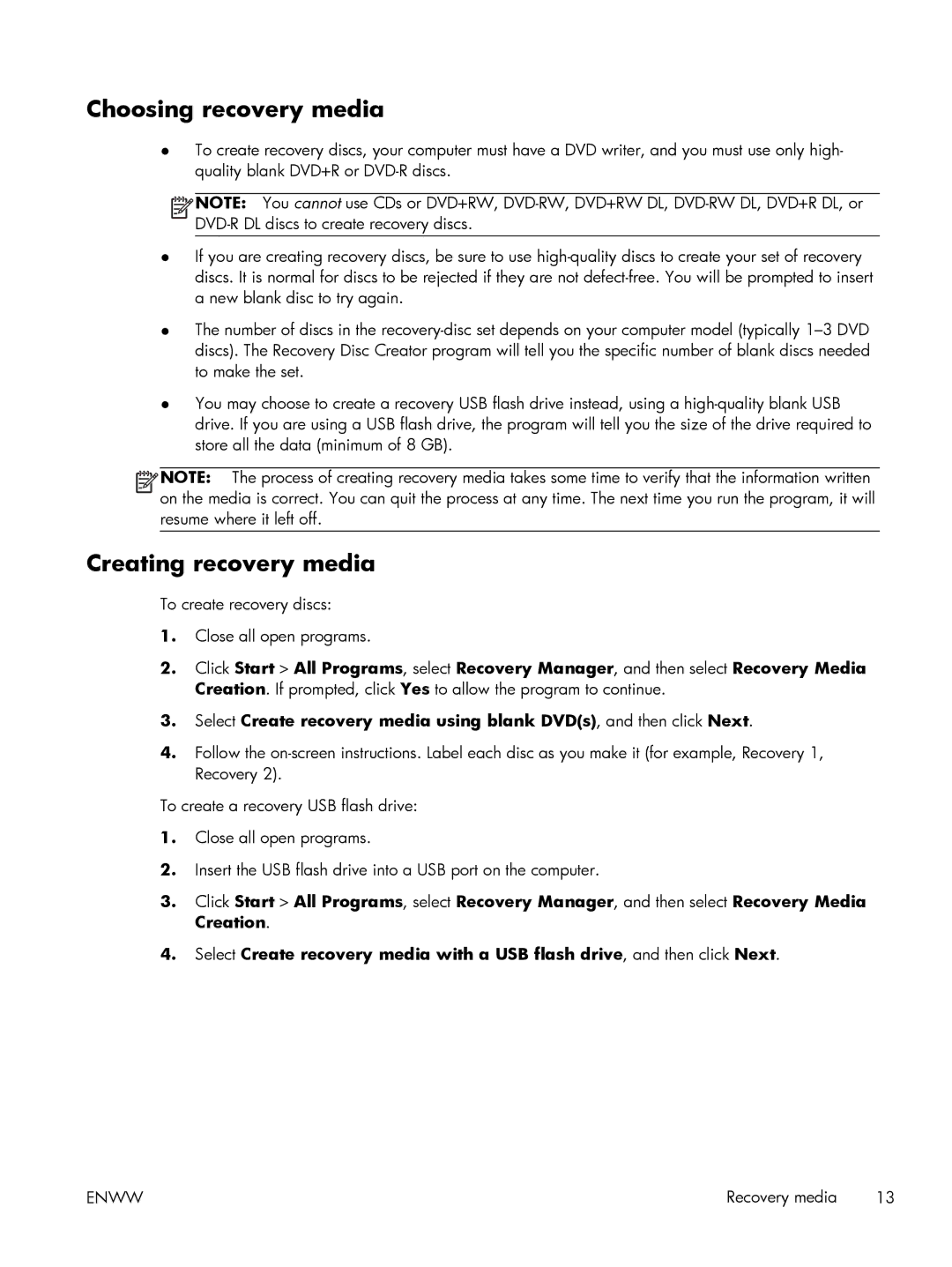 HP p2-1334, 23-c210xt, 23-c159, 23-c130, 23-c115xt, 23-c059, 23-c050, 23-c030 Choosing recovery media, Creating recovery media 
