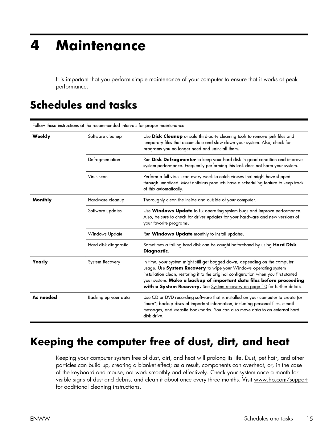 HP p2-1317c, 23-c210xt, 23-c159, 23-c130 Maintenance, Schedules and tasks, Keeping the computer free of dust, dirt, and heat 