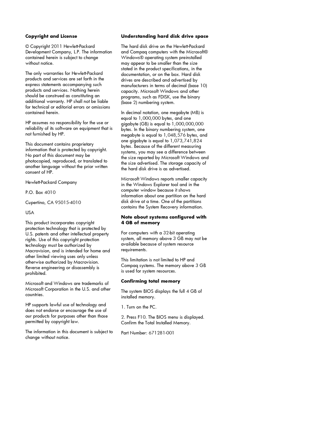 HP 23-c130, 23-c210xt Copyright and License, Understanding hard disk drive space, Confirming total memory, Part Number 