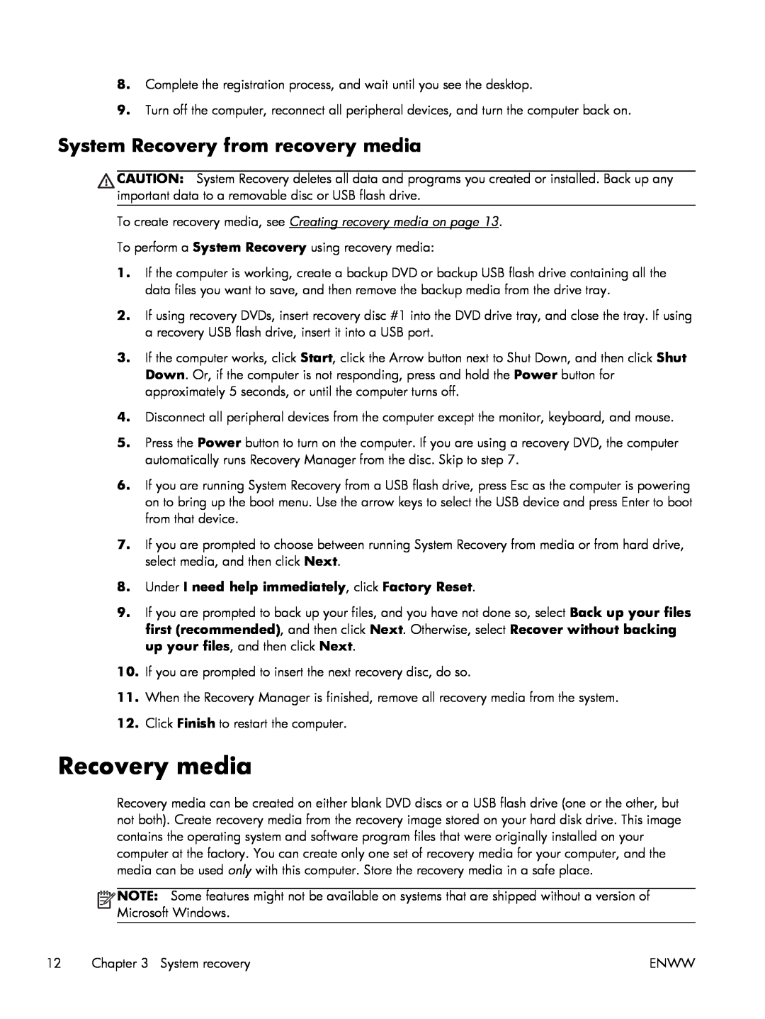 HP p2-1411, 23-c210xt, 23-c159, 23-c130, 23-c115xt, 23-c059, 23-c050 manual Recovery media, System Recovery from recovery media 