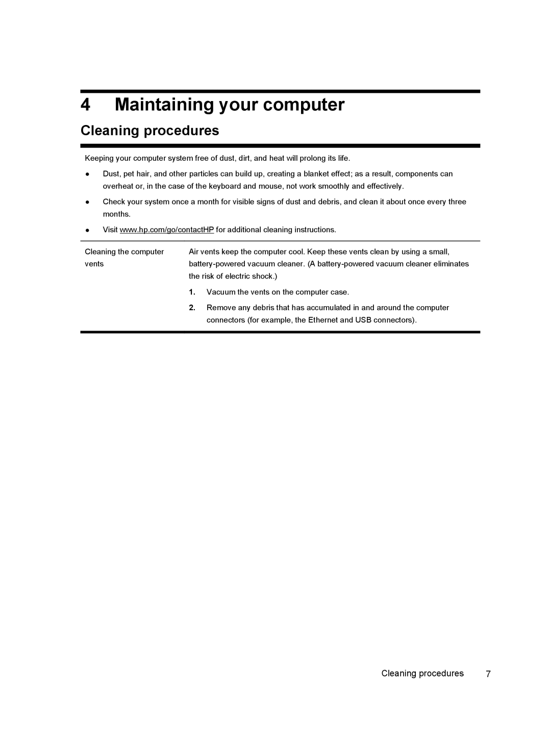 HP 23-d260qd, 23-d044, 23-d050xt, 23-d040t, 23-d039, 23-d038, 23-d034, 23-d030 Maintaining your computer, Cleaning procedures 