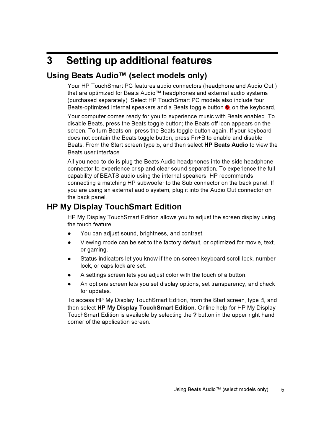 HP 23-d131, 23-d044 Setting up additional features, Using Beats Audio select models only, HP My Display TouchSmart Edition 